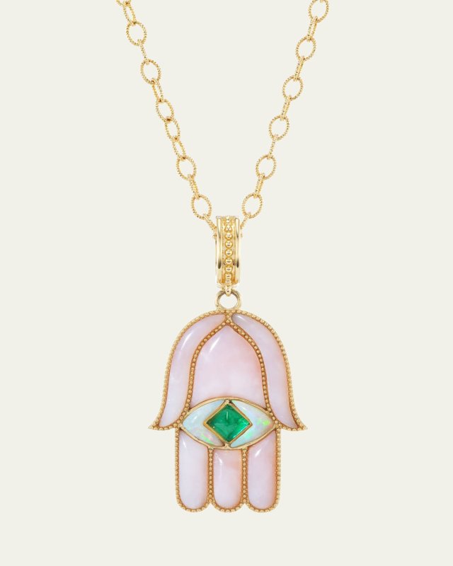 18K Yellow Gold Large Hamsa Amulet Necklace with Opal and Emerald